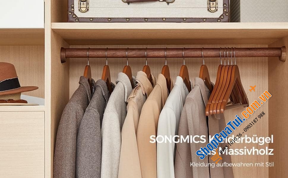 SET 20 MÓC TREO QUẦN ÁO SONGMICS THÍCH HỢP VỚI ÁO SƠ MI, ÁO KHOÁC, QUẦN TÂY, ÁO VEST BẰNG GỖ​ Màu nâu