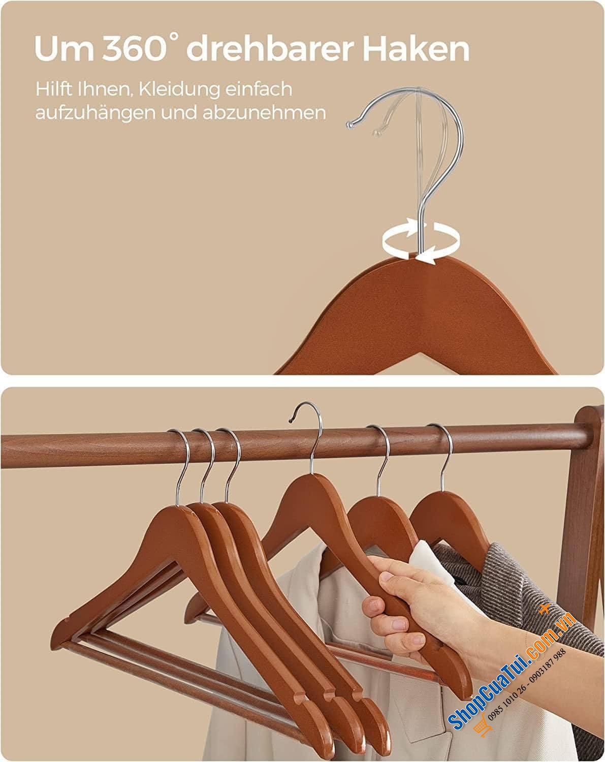 SET 20 MÓC TREO QUẦN ÁO SONGMICS THÍCH HỢP VỚI ÁO SƠ MI, ÁO KHOÁC, QUẦN TÂY, ÁO VEST BẰNG GỖ​ Màu nâu