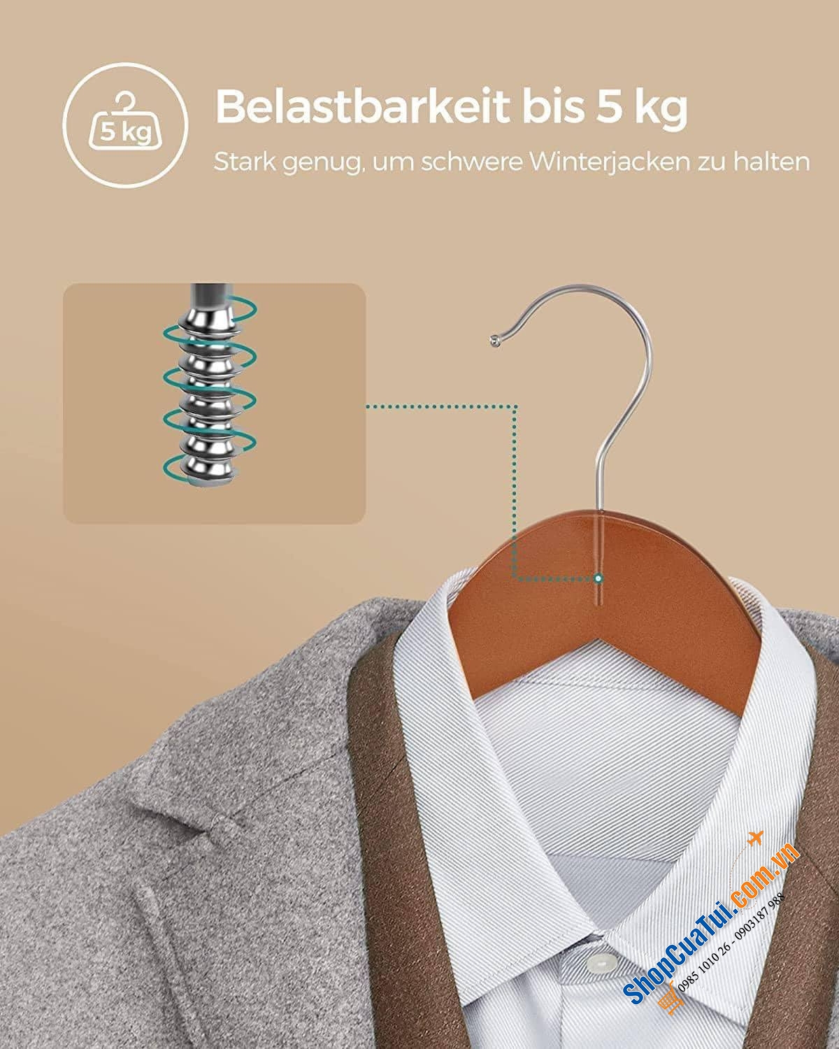SET 20 MÓC TREO QUẦN ÁO SONGMICS THÍCH HỢP VỚI ÁO SƠ MI, ÁO KHOÁC, QUẦN TÂY, ÁO VEST BẰNG GỖ​ Màu nâu