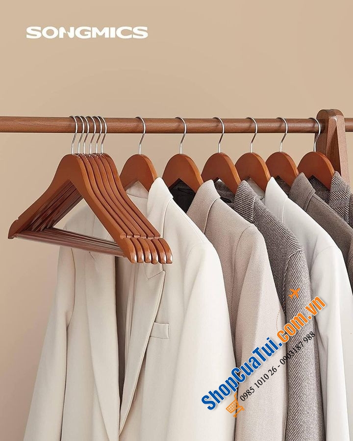 SET 20 MÓC TREO QUẦN ÁO SONGMICS THÍCH HỢP VỚI ÁO SƠ MI, ÁO KHOÁC, QUẦN TÂY, ÁO VEST BẰNG GỖ​ Màu nâu