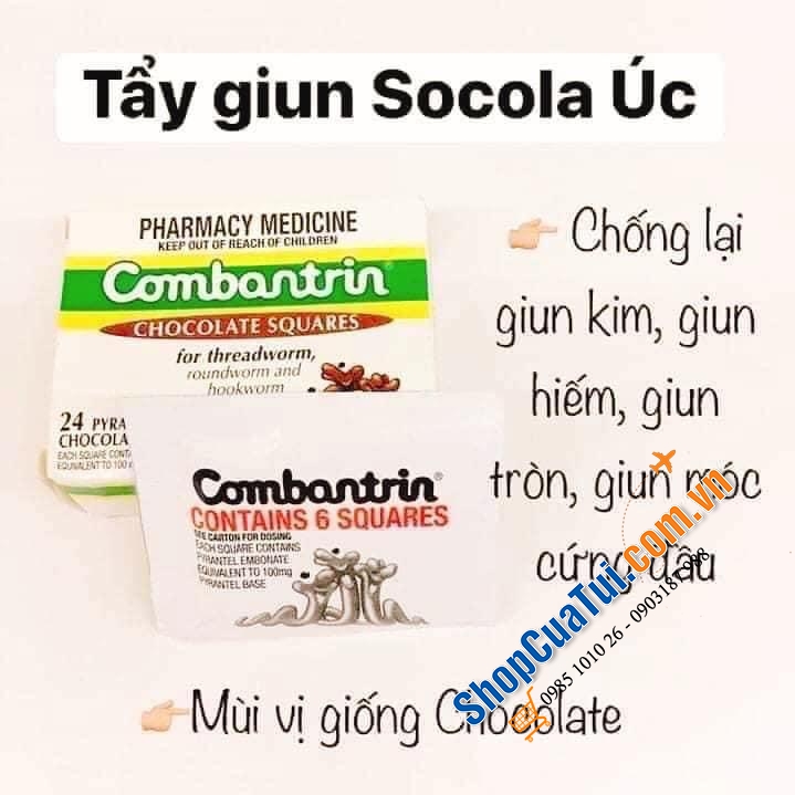 THUỐC TẨY GIUN COMBANTRIN CHOCOLATE 24 CỦA ÚC - hộp 24 ô vuông đủ dùng cho 2 người lớn và 2 trẻ em - Combantrin Chocolate Squares 24