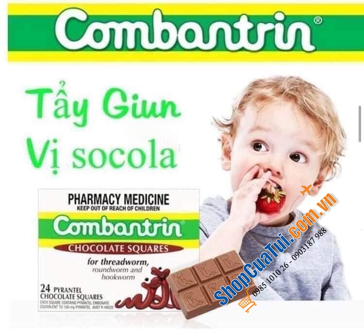 THUỐC TẨY GIUN COMBANTRIN CHOCOLATE 24 CỦA ÚC - hộp 24 ô vuông đủ dùng cho 2 người lớn và 2 trẻ em - Combantrin Chocolate Squares 24