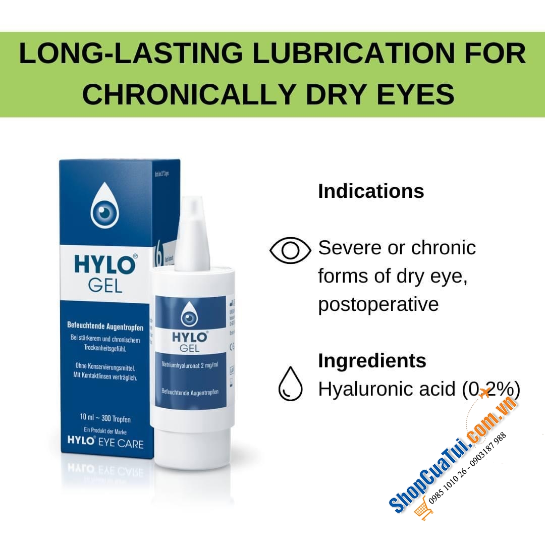 Thuốc nhỏ mắt Hylo Comod.   Lọ 10ml 300 giọt - Thuốc nhỏ mắt Hylo Gel có tác dụng tăng cường dưỡng ẩm, bôi trơn bề mặt mắt đối với trường hợp khô mắt nặng và kéo dài