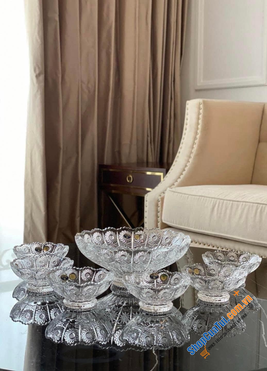 Bộ set pha lê mâm bồng Bohemia1 bát 25 cm + 6 bát 13 cm (cả thảy 7 bát tất tần tật - siêu rẻ luôn).