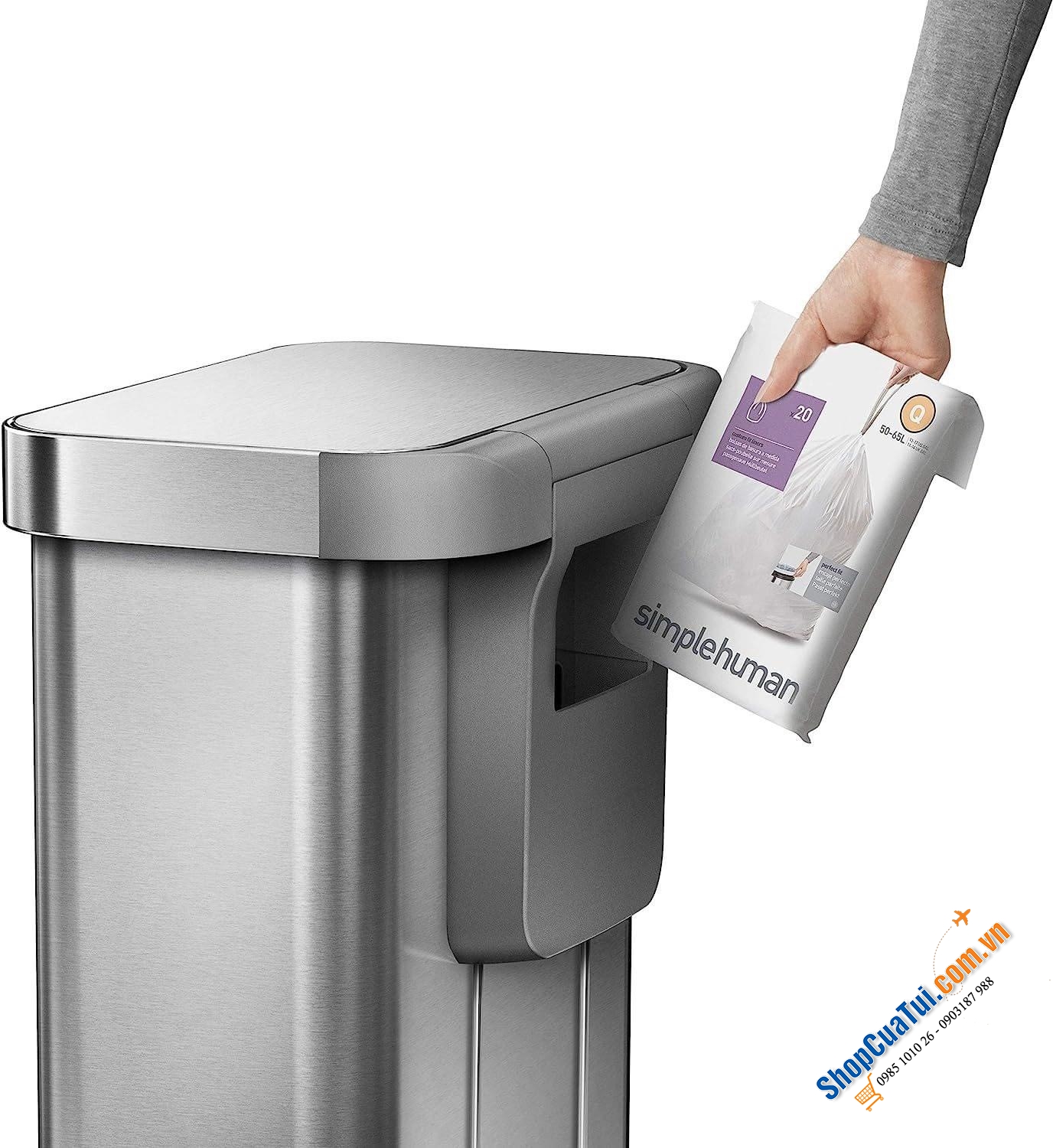 Thùng rác Simplehuman size lớn 55L -  size đại với vành lót bằng thép không gỉ giữ chặt miệng túi và giữ ẩn không lộ ra ngoài