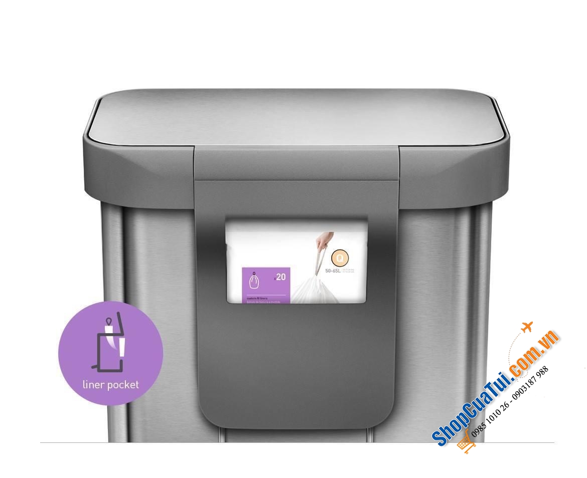 Thùng rác Simplehuman size lớn 55L -  size đại với vành lót bằng thép không gỉ giữ chặt miệng túi và giữ ẩn không lộ ra ngoài