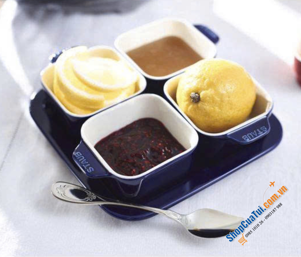 Set 4 bát sứ vuông Staub kèm khay siêu xinh - Set 4 bát xanh Staub xanh.