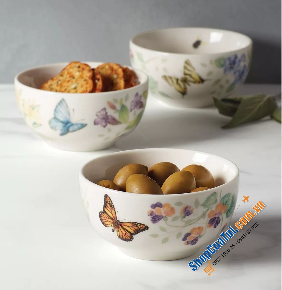 Sét 3 bát ăn cơm Lenox Butterfly Meadow 11cm bằng gốm sứ tráng men