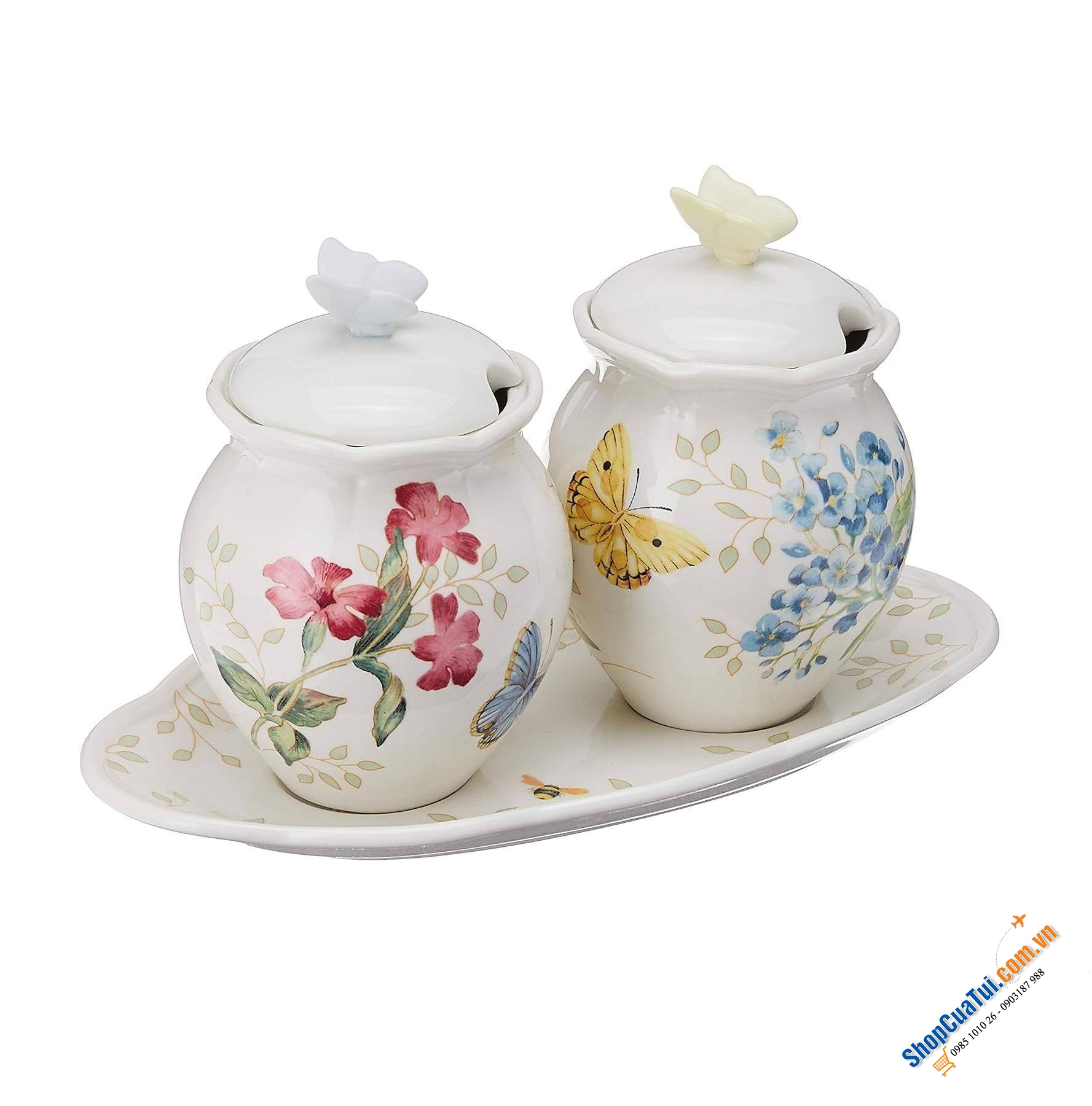 Sét hũ gia vị kèm khay 7 món Lenox Butterfly Meadow bằng gốm sứ gồm 2 hũ gia vị nhỏ có nắp đậy, 2 thìa và 1 khay