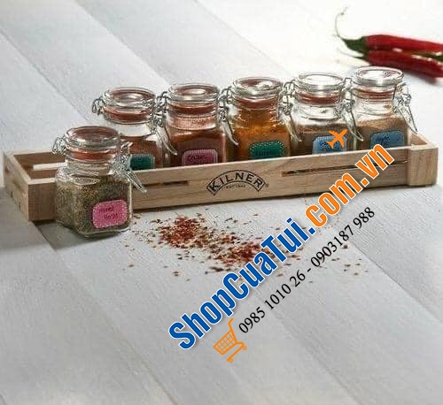 Bộ hộp đựng gia vị thủy tinh Kilner gồm 6 lọ 70ml và 1 khay gỗ