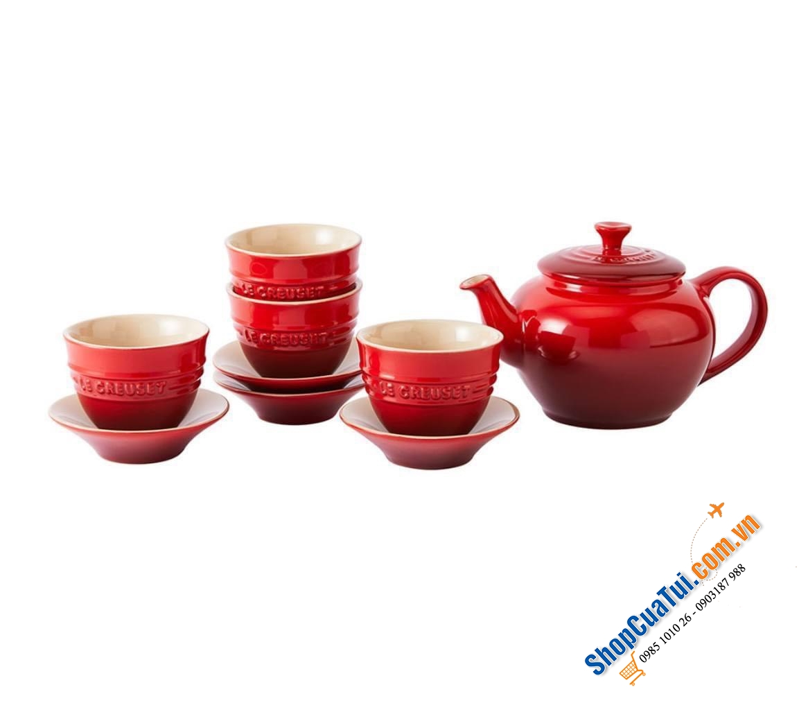Bộ ấm chén 9 món Le Creuset gồm 1 ấm 500ml và 4 set đĩa cốc 100ml - màu đỏ Cerise, hồng Rose Quart, xanh nhạt Coastal Blue, xanh đậm Caribbean