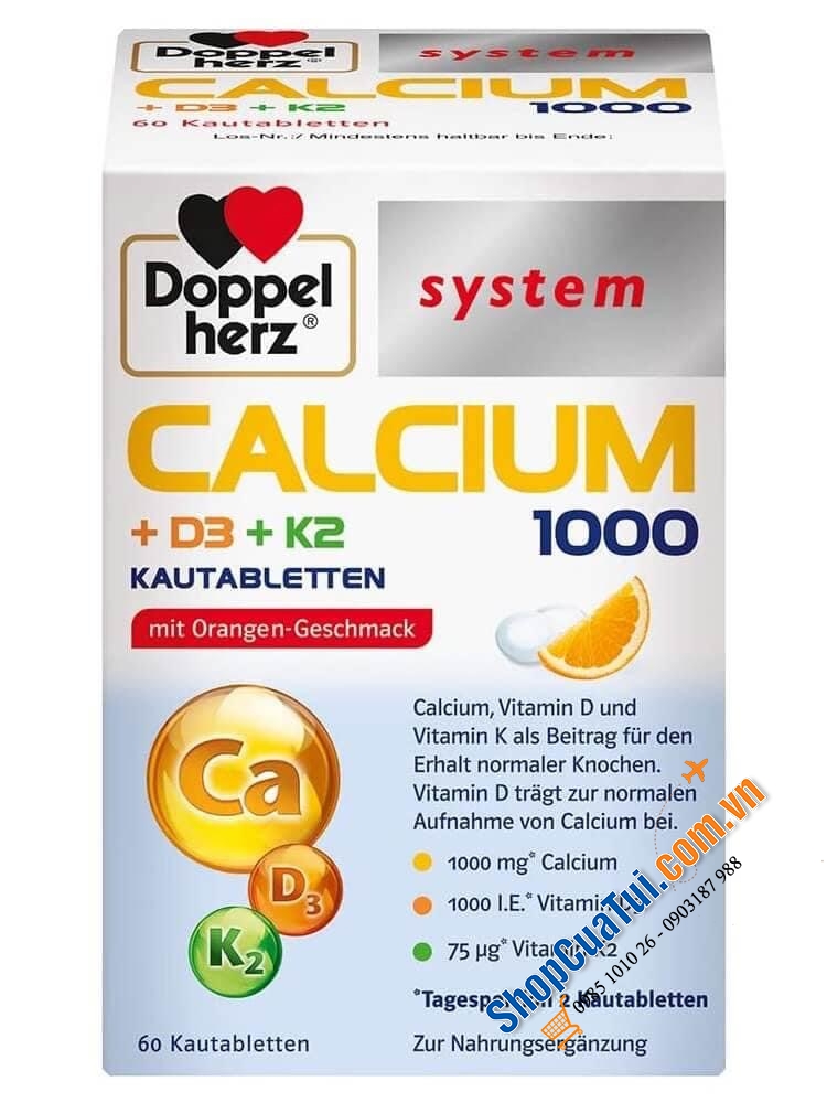 Viên Nhai Doppelherz Calcium 1000 D3 K2 Vị Cam, 60 Viên - Nội địa Đức