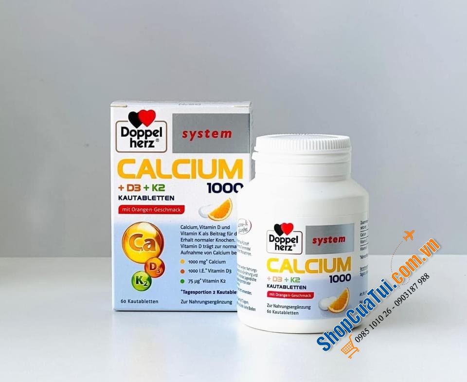 Viên Nhai Doppelherz Calcium 1000 D3 K2 Vị Cam, 60 Viên - Nội địa Đức