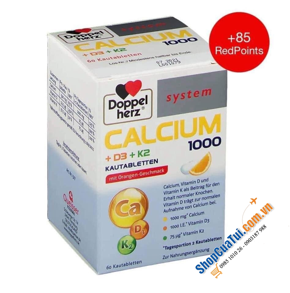 Viên Nhai Doppelherz Calcium 1000 D3 K2 Vị Cam, 60 Viên - Nội địa Đức
