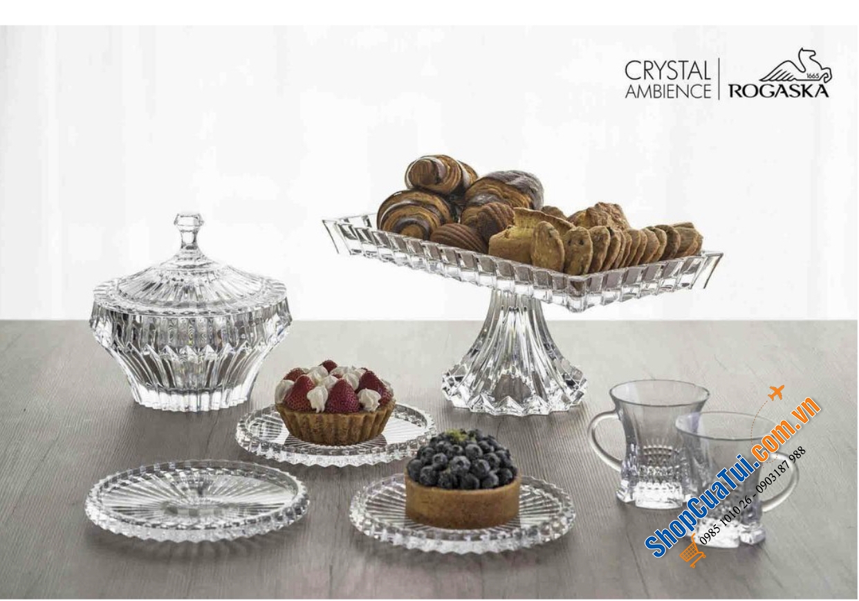 Sét Đĩa Thố pha lê Rogaska CROWN JEWEL - Để bàn quá sang trọng và lịch sự, gồm 1 khay 35x19cm và 3 thố 12cm Có nắp