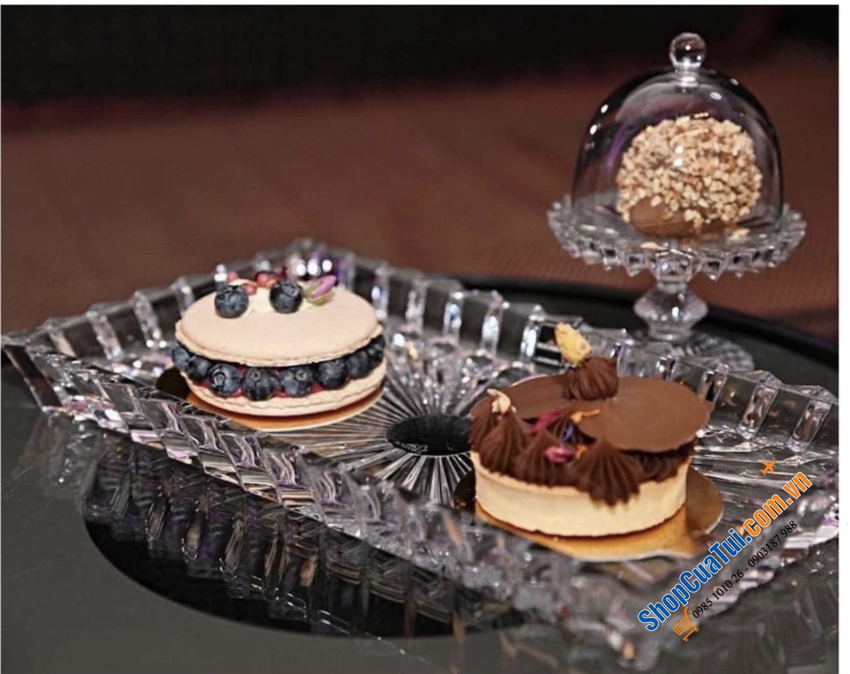 Sét Đĩa Thố pha lê Rogaska CROWN JEWEL - Để bàn quá sang trọng và lịch sự, gồm 1 khay 35x19cm và 3 thố 12cm Có nắp