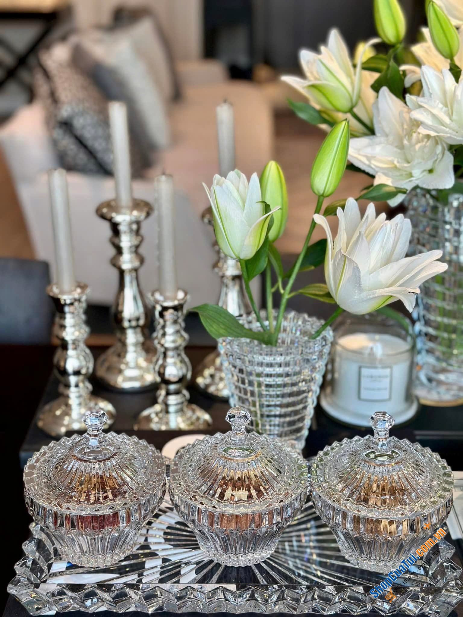 Sét Đĩa Thố pha lê Rogaska CROWN JEWEL - Để bàn quá sang trọng và lịch sự, gồm 1 khay 35x19cm và 3 thố 12cm Có nắp