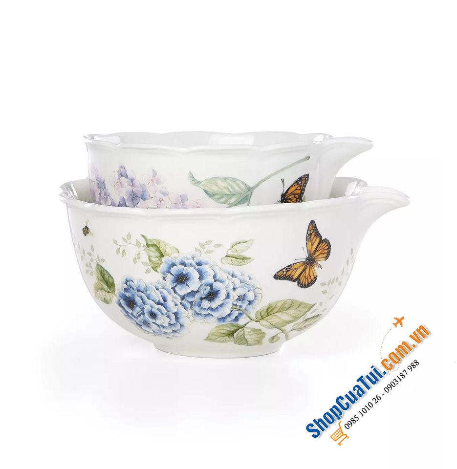 Sét 2 âu Lenox Butterfly Meadow dung tích 769ml & 1183ml họa tiết bướm và chim đặc trưng, bằng sứ