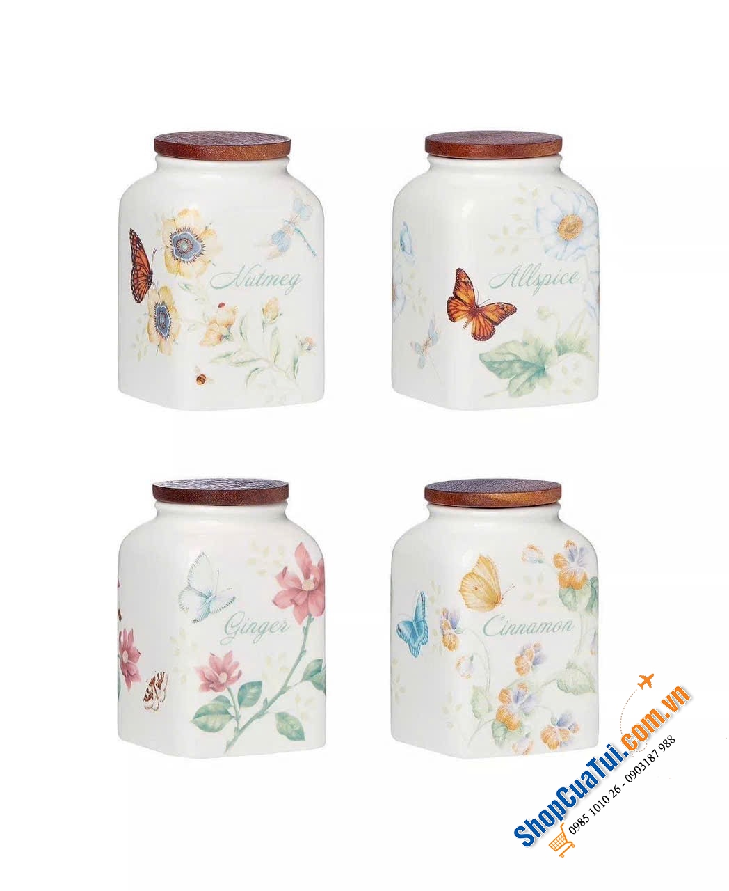 SET HŨ ĐỰNG GIA VỊ 4 MÓN LENOX BUTTERFLY MEADOW bằng sứ tráng men, hoạ tiết trang nhã