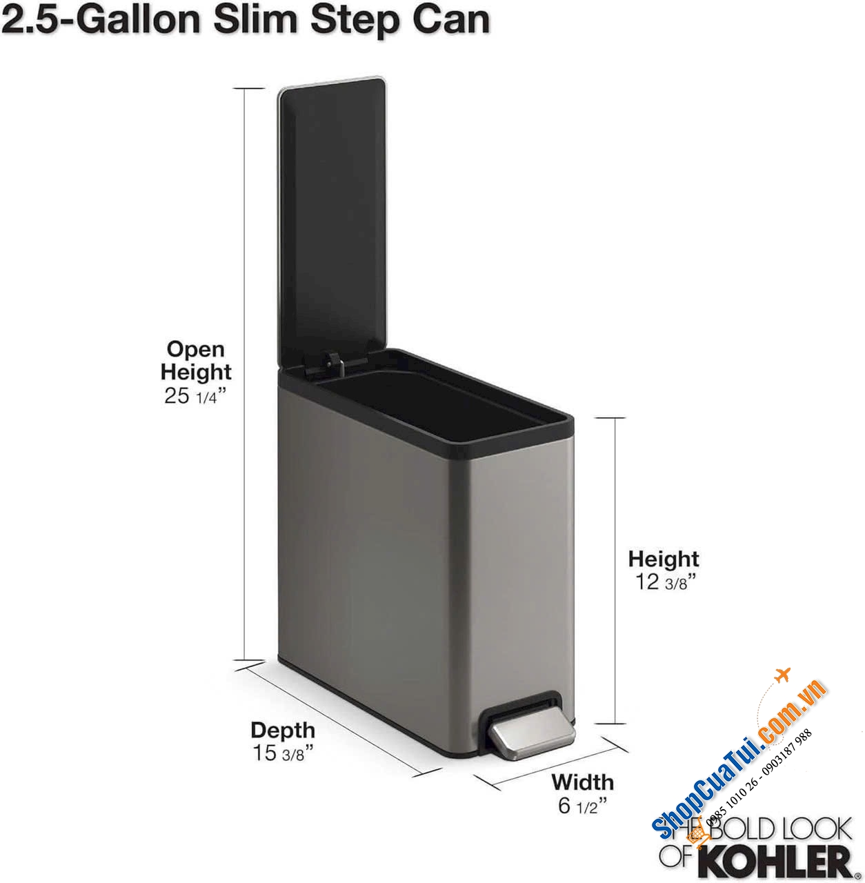 THÙNG RÁC CHỮ NHẬT 10L KOHLER SLIM đạp chân, lý tưởng cho không gian nhỏ, hẹp mà vẫn sang chảnh