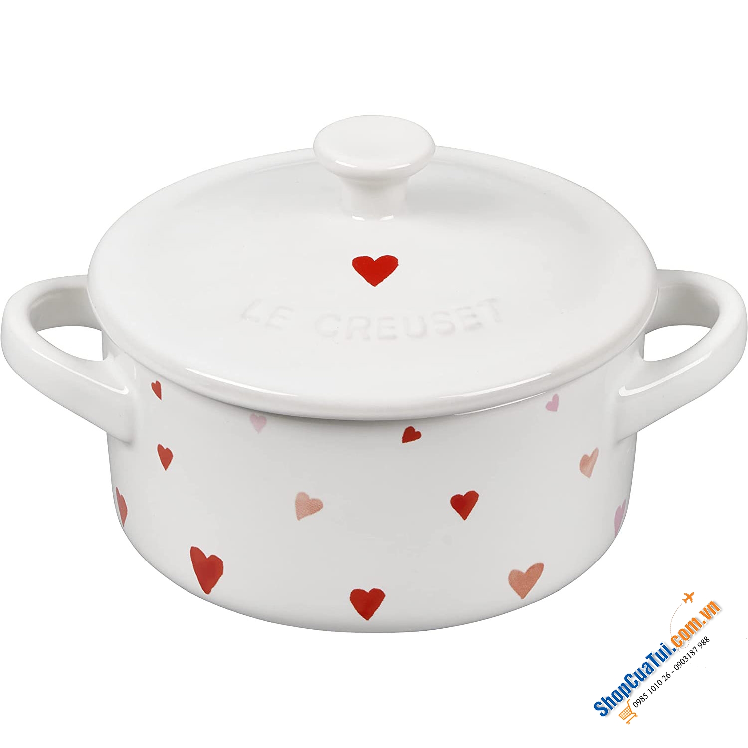 NỒI GỐM SỨ MINI LE CREUSET HOẠ TIẾT TRÁI TIM - Nồi sứ đựng thức ăn Le Creuset Limited Edition V-day Mini Heart Cocotte 10cm