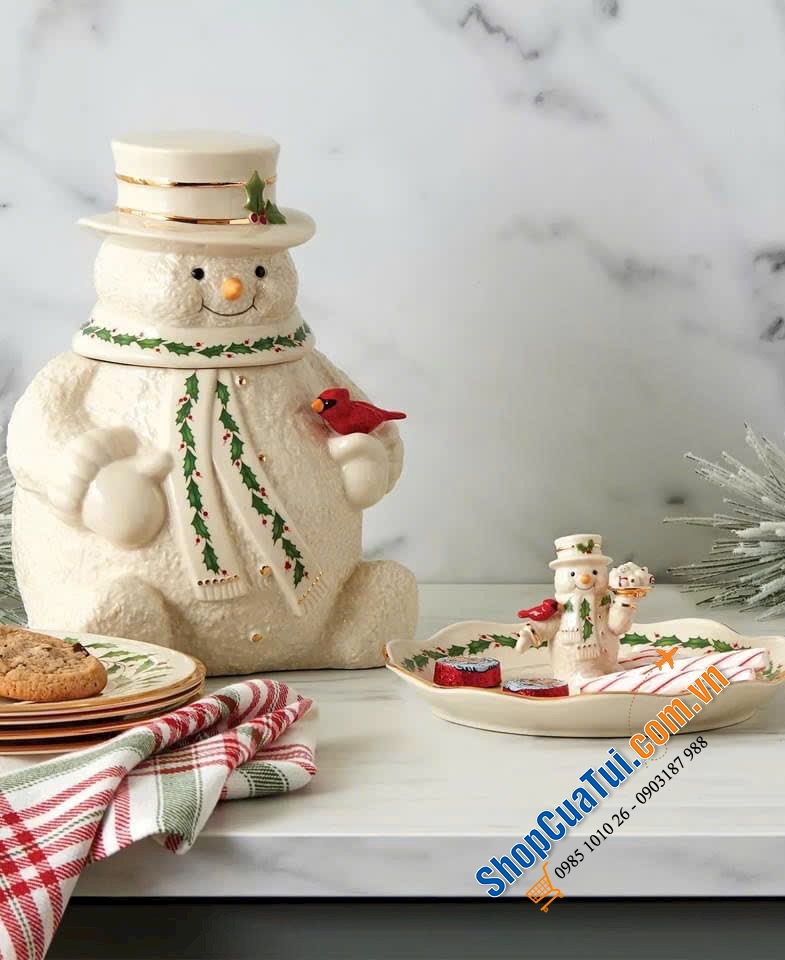 ĐĨA NGƯỜI TUYẾT LENOX SNOWMAN TREAT DISH viền vàng 24k đường kính 20,3cm cho Noel