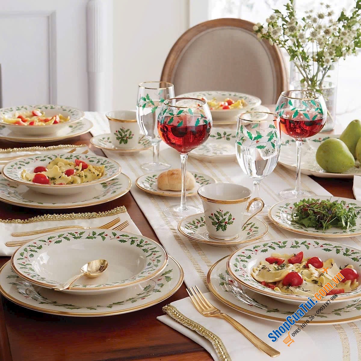 SET ĐĨA CỐC 12 MÓN VIỀN VÀNG 24 KARAT LENOX HOLIDAY - Noel