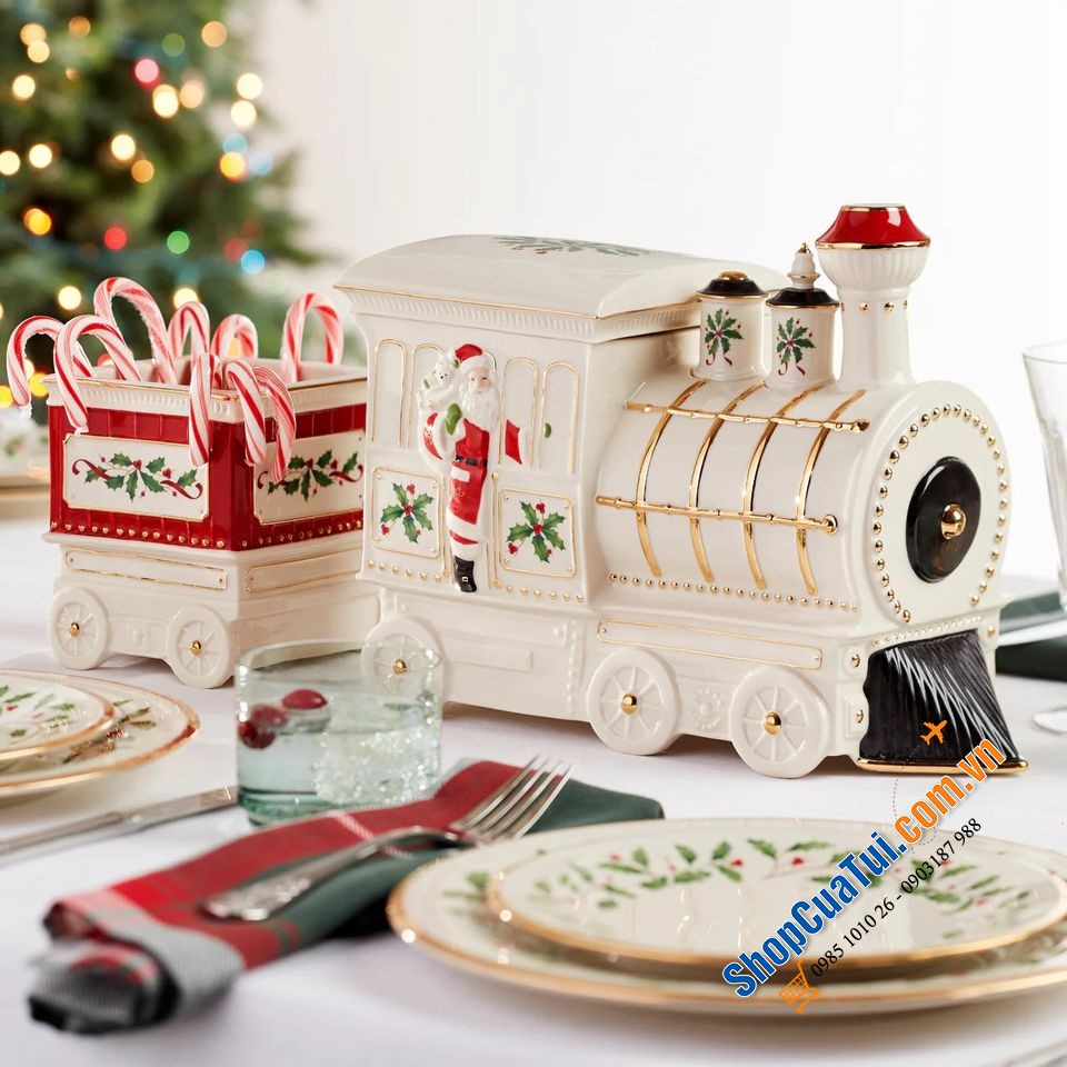 Thố kẹo hình đoàn tàu Holiday Figural Train Buffet Caddy vàng 24K lấp lánh tỏa sáng theo tinh thần mùa lễ hội Noel