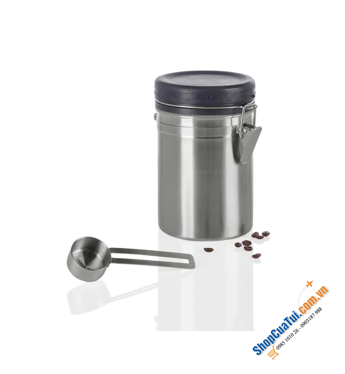 Hộp đựng cà phê bằng thép không gỉ ERNESTO - Giữ cho cà phê và đậu xay tươi lâu hơn - Hộp đựng có Theo dõi ngày tháng, Thìa đo (Lớn, Xám), Thép không gỉ - SIZE 1,5 LIT.