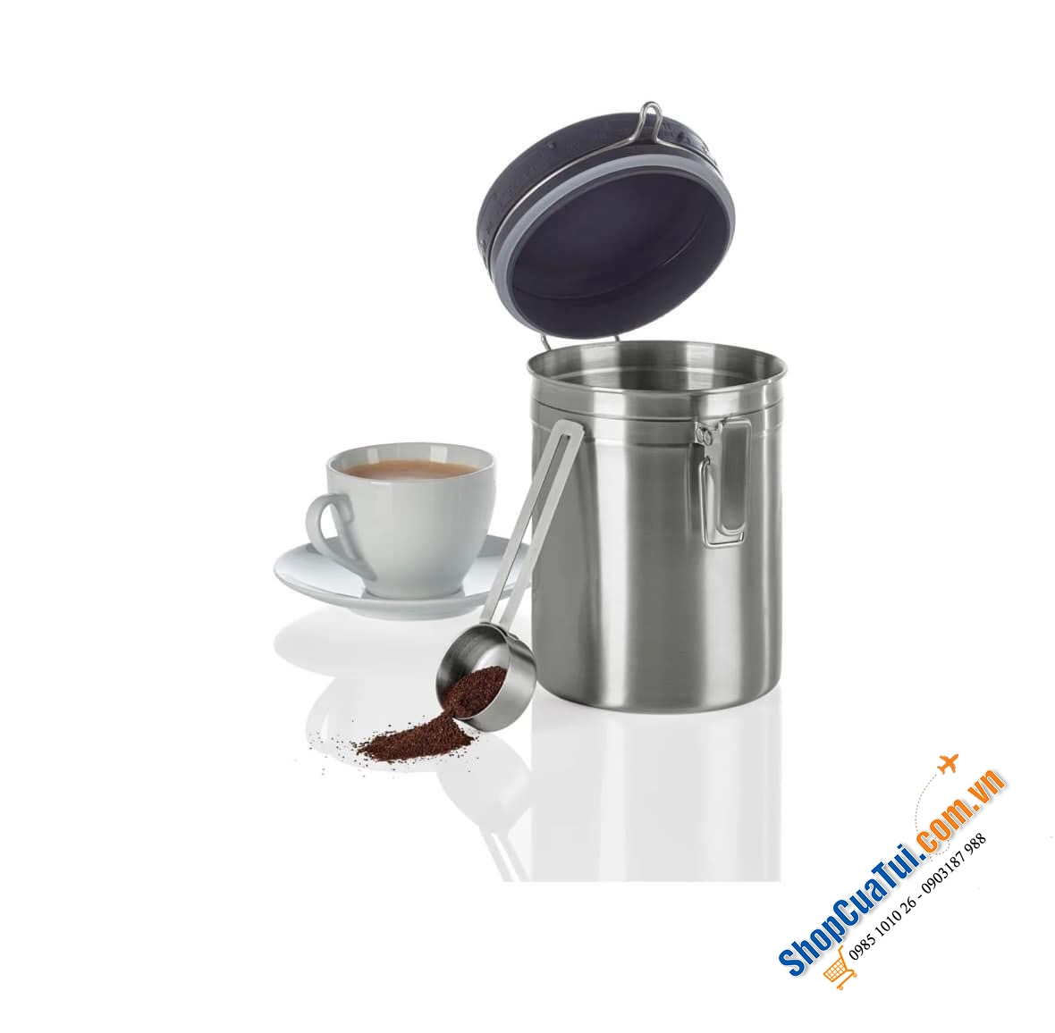 Hộp đựng cà phê bằng thép không gỉ ERNESTO - Giữ cho cà phê và đậu xay tươi lâu hơn - Hộp đựng có Theo dõi ngày tháng, Thìa đo (Lớn, Xám), Thép không gỉ - SIZE 1,5 LIT.
