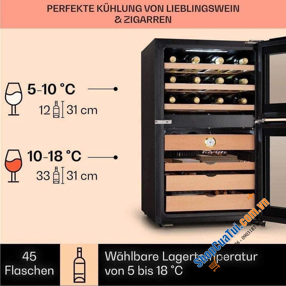 Tủ bảo quản 2in1 Cigar & Rượu vang Klarstein 108L - TỦ RƯỢU VANG VÀ GIỮ ẨM CIGAR KLARSTEIN EL DORADO 108L