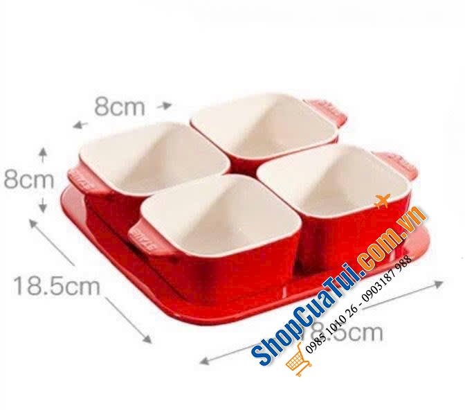 Set 4 bát vuông sứ Staub kèm khay bày đồ ăn màu đỏ