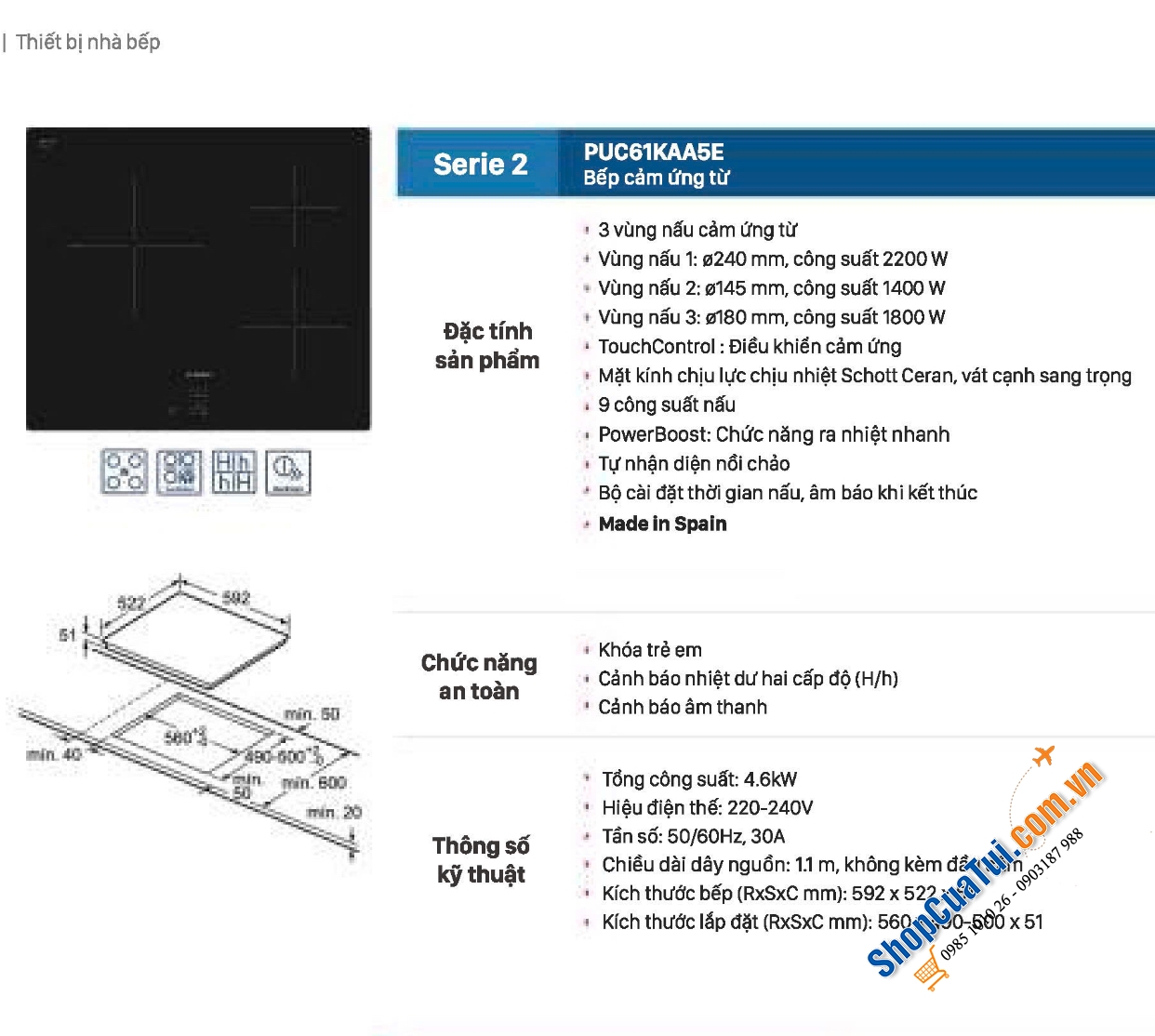 BẾP TỪ BOSCH PUC61KAA5E - Bếp từ 3 vùng nấu