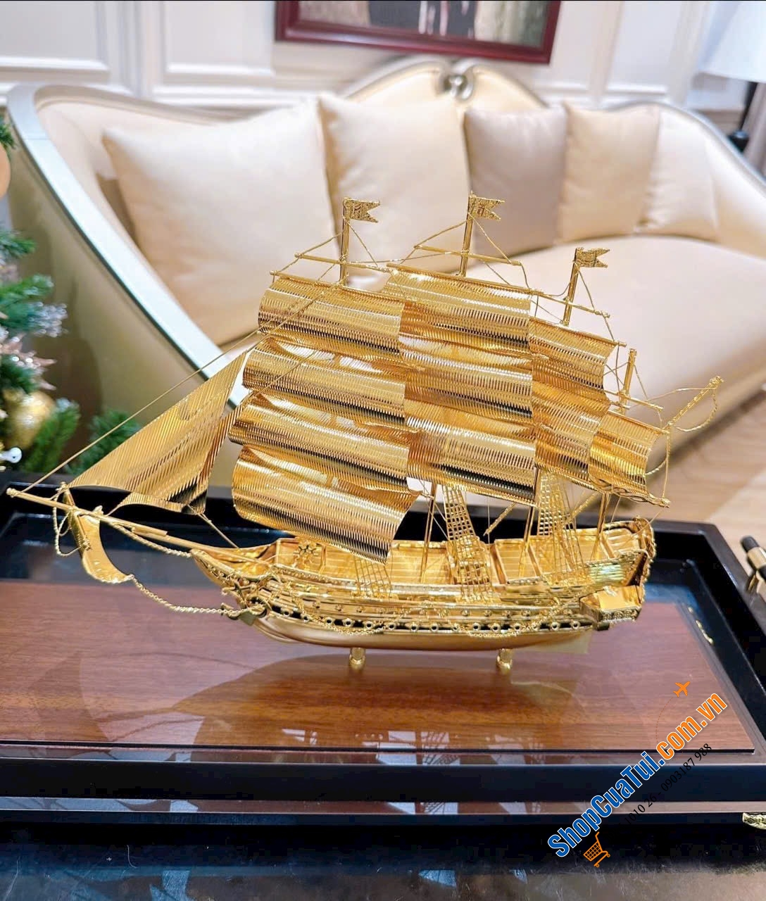 THUYỀN BUỒM HANDMADE MẠ VÀNG 24K - Quà tặng tuyệt vời cho lãnh đạo đối tác, người thân,.... kèm đế gỗ, chụp Meca