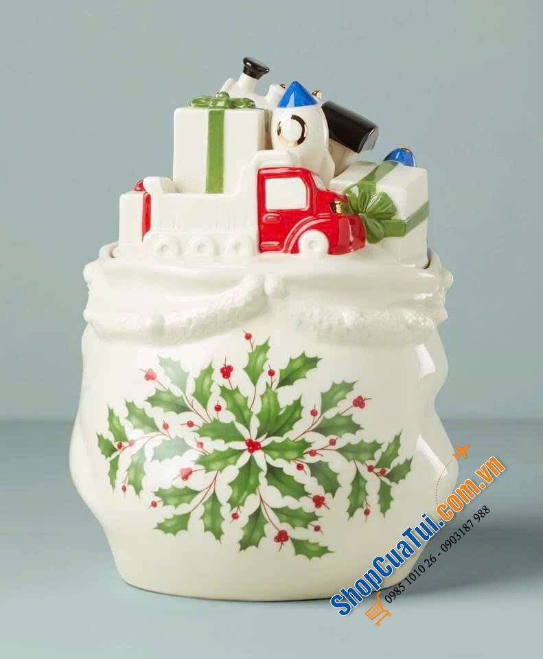HŨ BÁNH QUY LENOX HOLIDAY Figural Cookie Jar bằng sứ cao cấp với các điểm nhấn vàng 24k - Noel