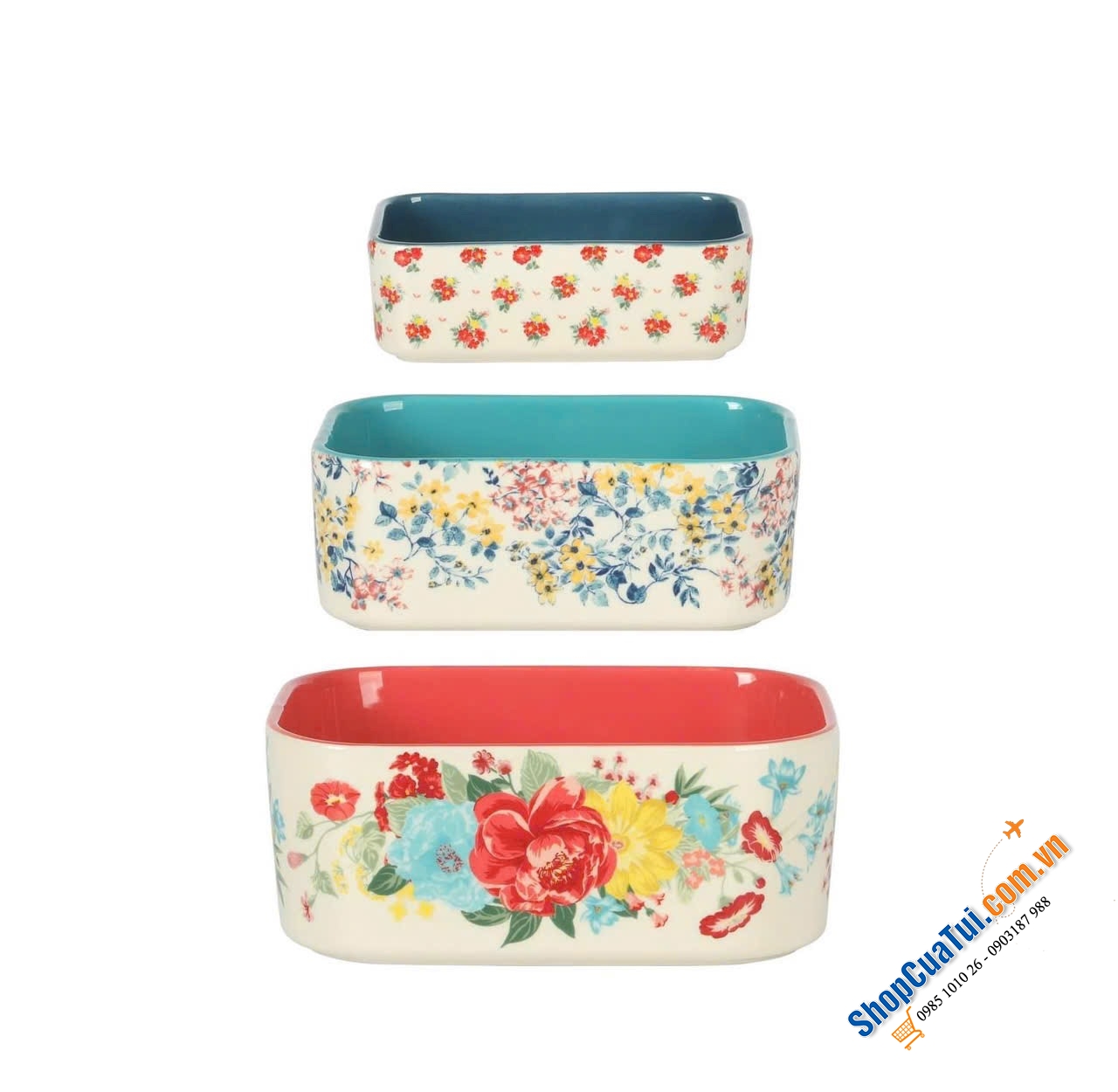 SET HỘP SỨ CHỮ NHẬT 6 MÓN THE PIONEER WOMAN Fancy Flourish dung tích 2,1 lít, 1 lít và 0,378l