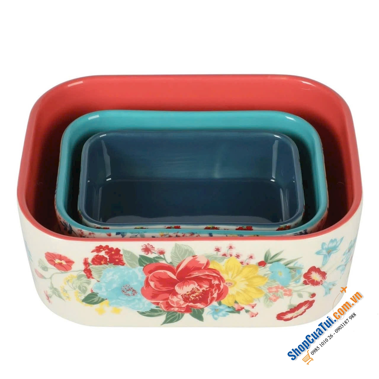 SET HỘP SỨ CHỮ NHẬT 6 MÓN THE PIONEER WOMAN Fancy Flourish dung tích 2,1 lít, 1 lít và 0,378l