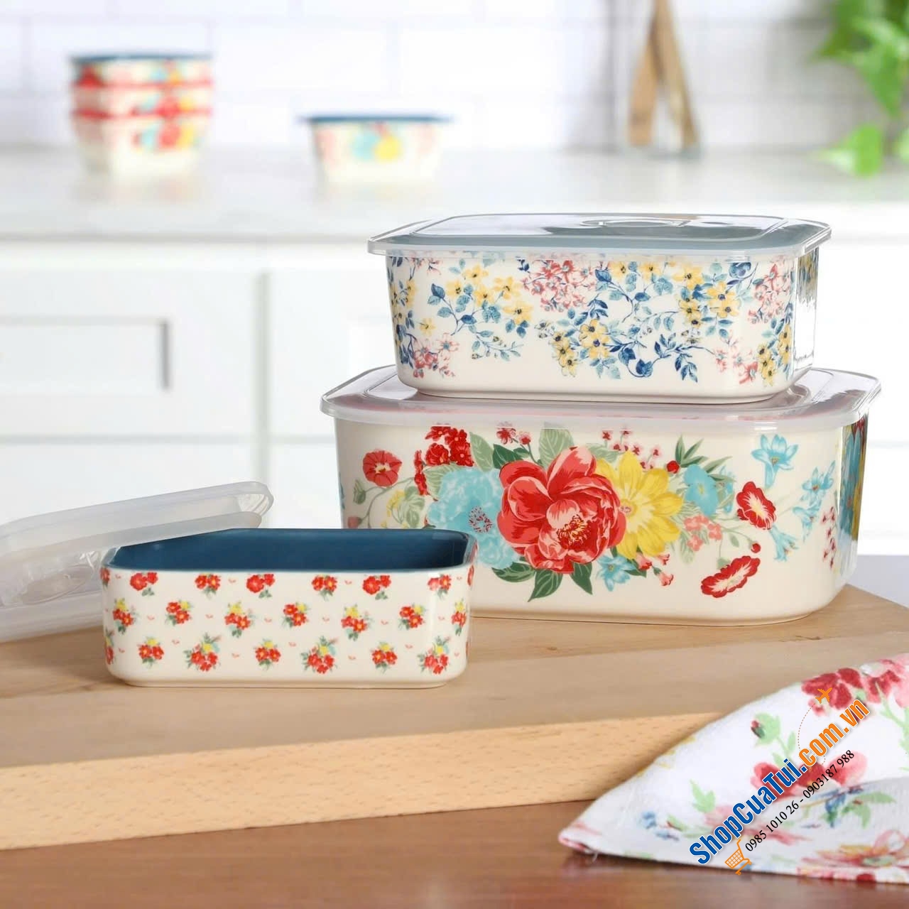 SET HỘP SỨ CHỮ NHẬT 6 MÓN THE PIONEER WOMAN Fancy Flourish dung tích 2,1 lít, 1 lít và 0,378l