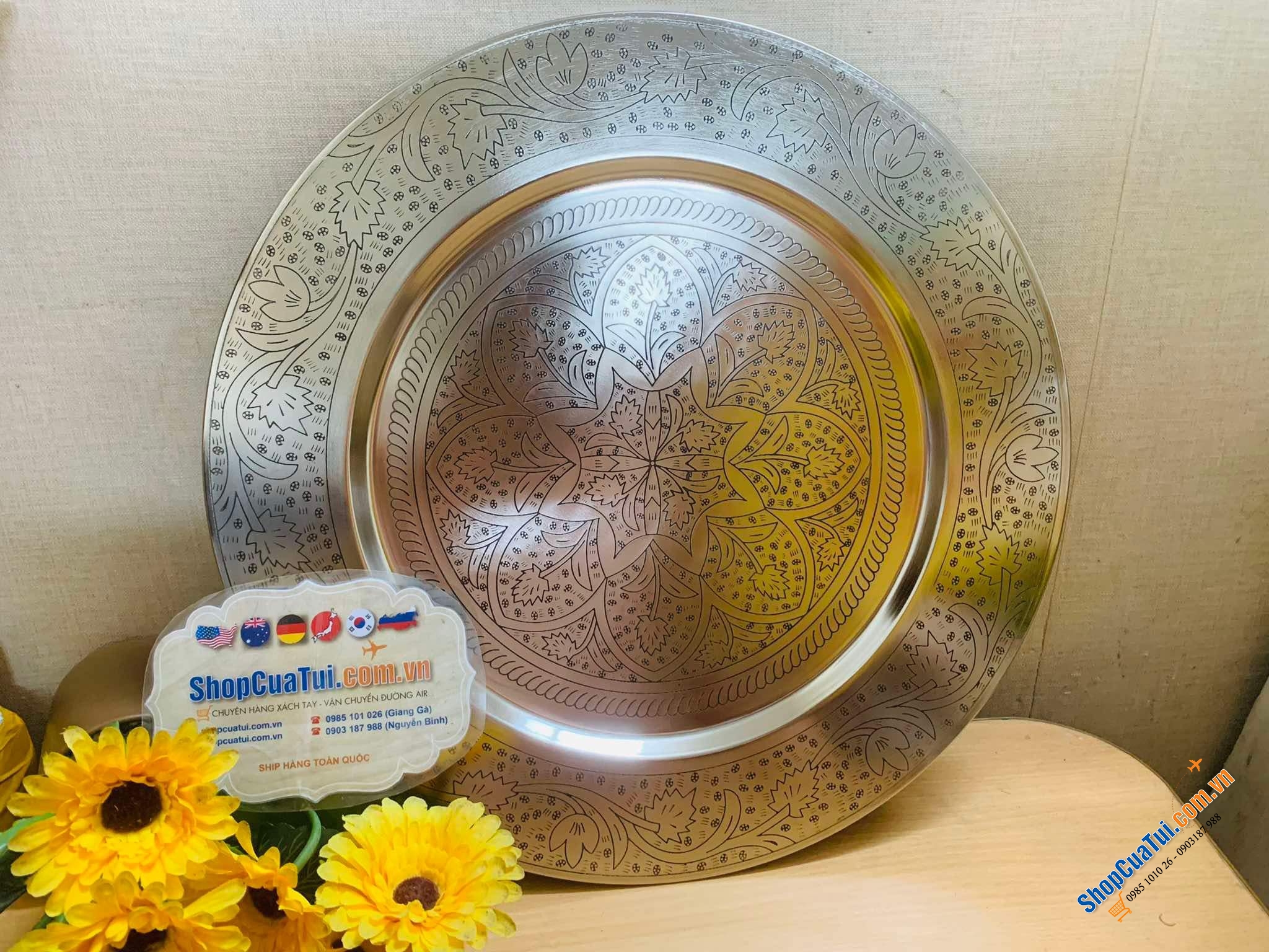 Mâm bạc mâm vàng, KHAY TRÀ PHƯƠNG ĐÔNG HANDMADE 50cm -  phong cách phương Đông đích thực với vẻ ngoài màu vàng cổ kính hoặc màu bạc tinh tế