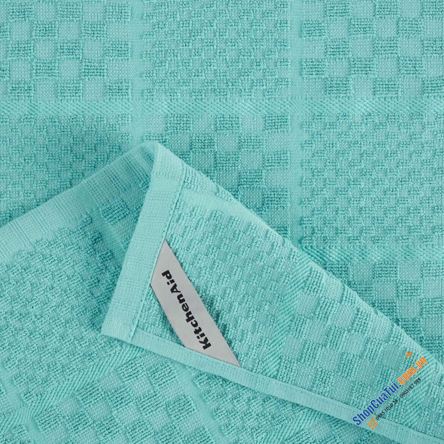 Sét đồ bếp 4 món KitchenAid gồm 02 chiếc khăn lau bếp mềm, 01 tấm lót nồi và 01 găng tay lò nướng màu xanh đẹp