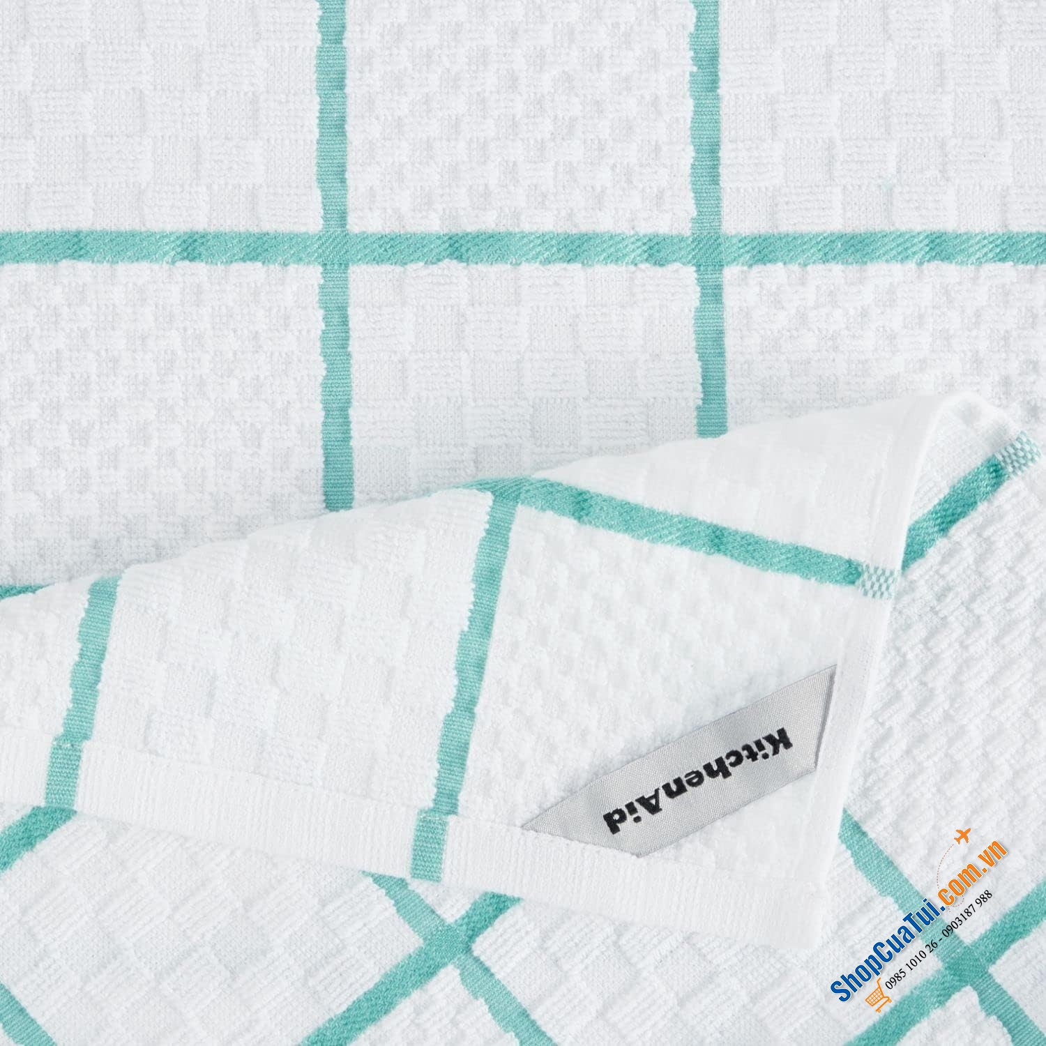 Sét đồ bếp 4 món KitchenAid gồm 02 chiếc khăn lau bếp mềm, 01 tấm lót nồi và 01 găng tay lò nướng màu xanh đẹp