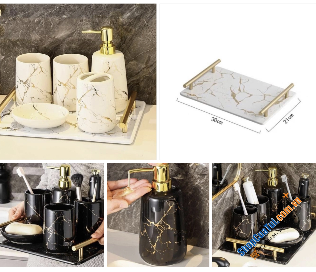 Set dụng cụ cho nhà tắm Marble vân đá cẩm thạch - sang xịn như phòng tắm khách sạn 5 sao - có 2 màu đen, trắng