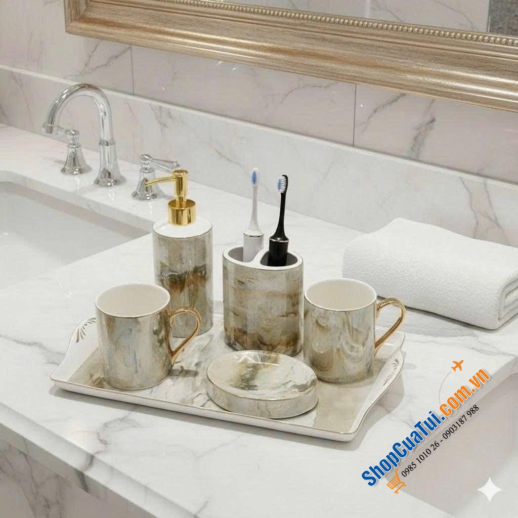 Set dụng cụ cho nhà tắm Marble vân đá cẩm thạch - sang xịn như phòng tắm khách sạn 5 sao - có 2 màu đen, trắng
