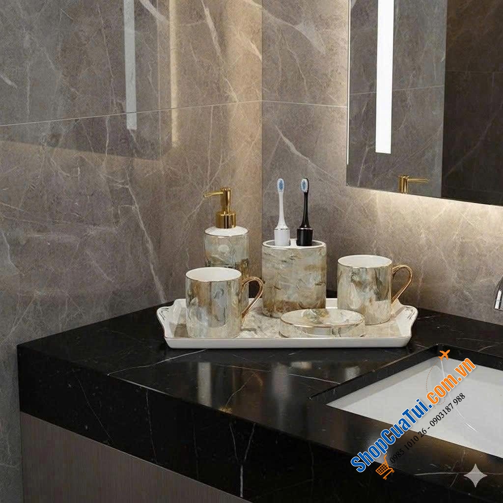 Set dụng cụ cho nhà tắm Marble vân đá cẩm thạch - sang xịn như phòng tắm khách sạn 5 sao - có 2 màu đen, trắng