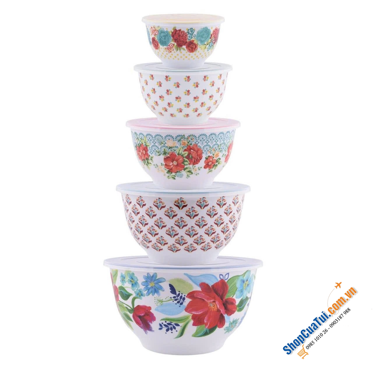 SET ÂU 10 MÓN THE PIONEER WOMAN gồm 5 bát melamine có 5 nắp nhựa phối hợp