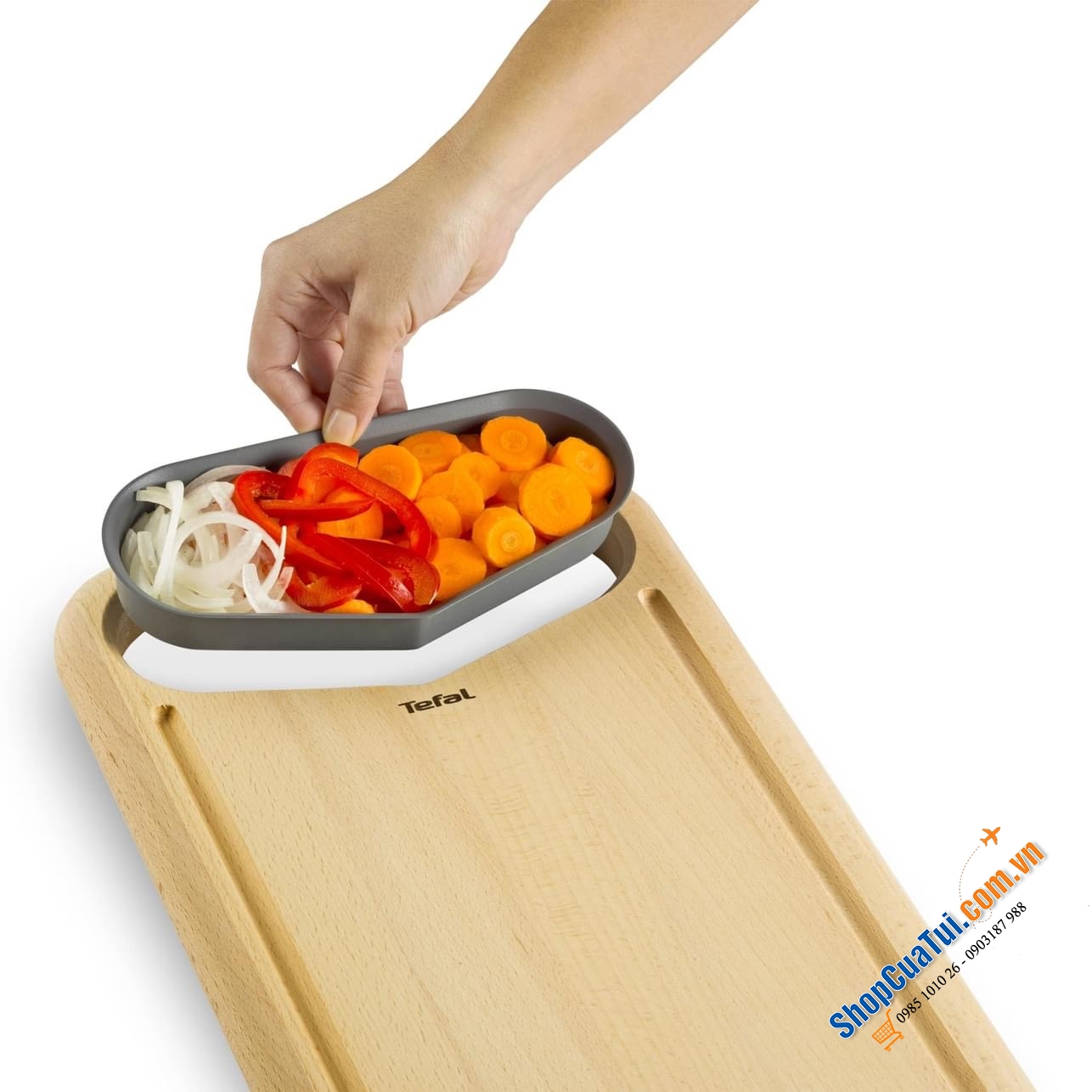 THỚT THÁI TEFAL GỖ SỒI TỰ NHIÊN KÈM KHAY ĐỰNG.