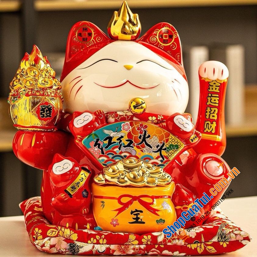 Mèo vẫy tay thần tài Nhật bản Maneki-neko mẫu KIM LỘC CHIẾU TÀI 30cm - mèo thần tài 30cm tài lộc vàng son