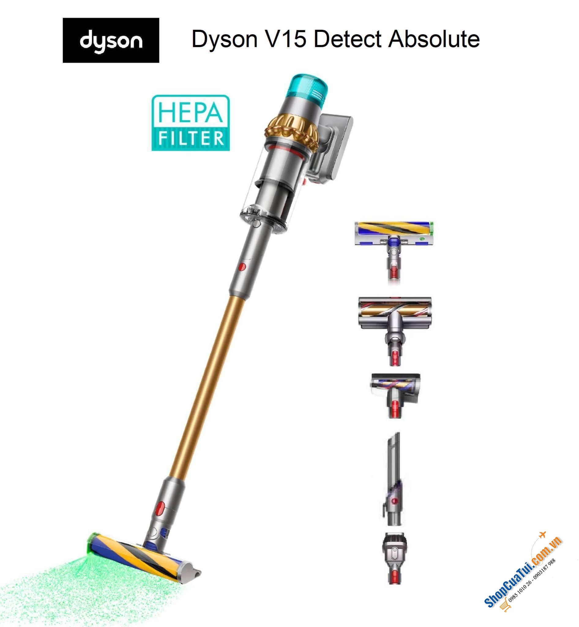 Hút bụi cầm tay DYSON V15 DETECT ABSOLUTE  bản HEPA ống vàng - CÓ ĐÈN LAZE, THÙNG RÁC LỚN, CÔNG SUẤT KHOẺ  - Model hút bụi xịn sò của Dyson