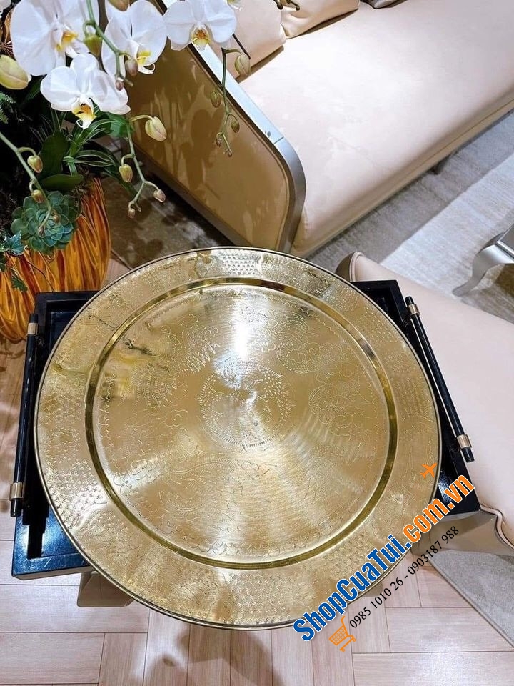 Khay đồng Handmade họa tiết Rồng đường kính 56,5cm - bày hoa quả, đồ ăn, bộ trà cho bữa tiệc hoặc đựng đồ decor đẹp mắt