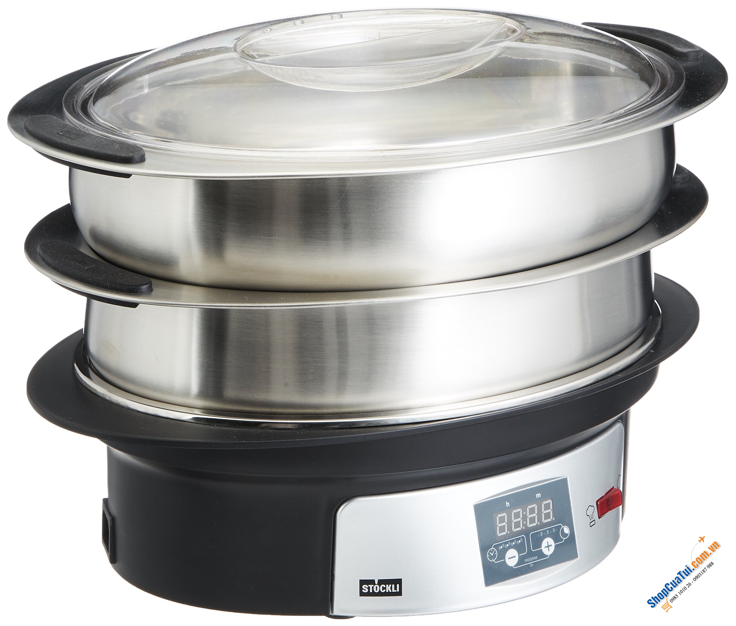 NỒI HẤP STOCKLI 0102.02 THÉP KHÔNG GỈ 1700W 8L 2.4Kg 2 TẦNG - mỗi  tầng có thể hấp 1 con cá hoặc 1 con gà nặng ~ 3kg